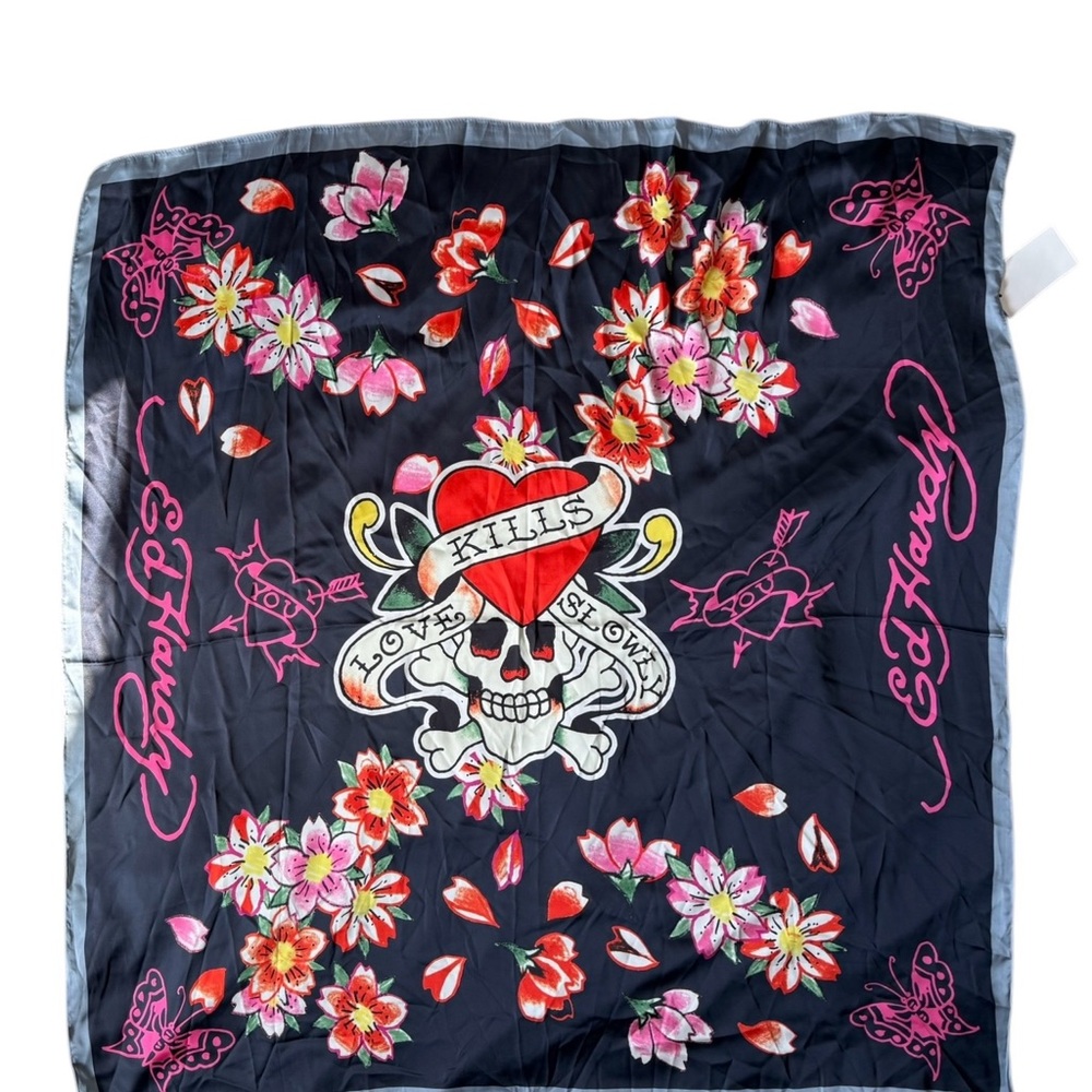 2 Ed Hardy Scarfs with Pink & Red Floral Skull Motif and Cheetah Print